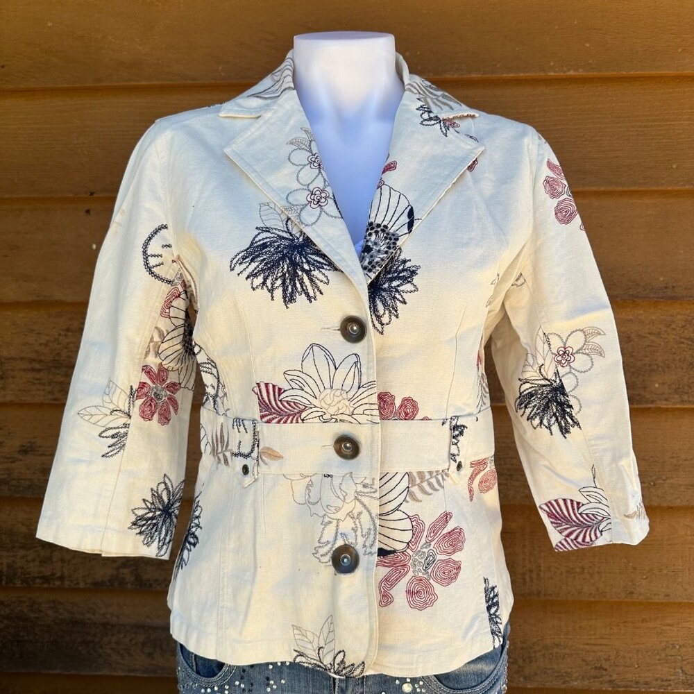 Vintage Multiples Embroidered Red Blue Cream Linen Blazer Size M
